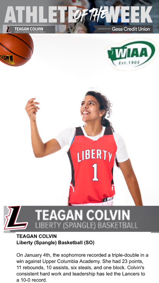 Shout out to PG <a href="/teagan_colvin2/">Teagan Colvin</a> for <a href="/wiaawa/">WIAA</a> Athlete of the Week!

On Jan 4th the sophomore recorded a triple-double. She had 23 points, 11 rebounds, 10 assists, 6 steals &amp; 1 block. Colvin’s consistent hard work and leadership has led the Lancers to a 10-0 record.