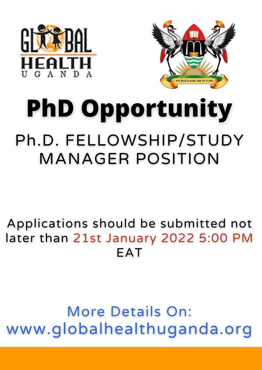 GHU_Official's tweet photo. Makerere University and Global Health Uganda now invites applicants for the post of Study Manager/PhD Fellow, Uganda. This is a 4 year post with an initial appointment for one year, renewable upon satisfactory performance.
For more details, visit the link: https://t.co/JGWqRl1rte https://t.co/yF5l28K5aB