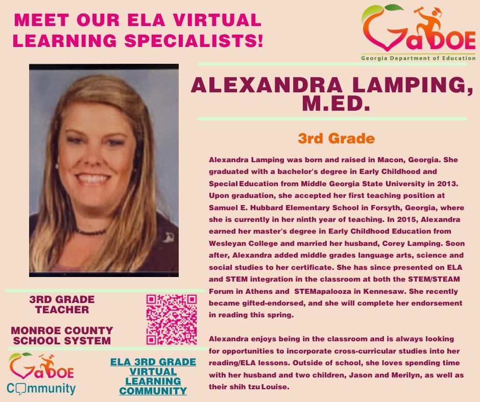 GaDOEELA's tweet photo. Please join us in welcoming Alexandra Lamping as our Virtual Learning Community leader for our third grade ELA group!
Join our third grade group in GaDOE Community at https://t.co/89SDzNuvGv!
#GaDOEELA #EducatingGAsFuture #GetGAReading #GATeacherResources @MrsLamping3rd https://t.co/HTaJMGbBW6