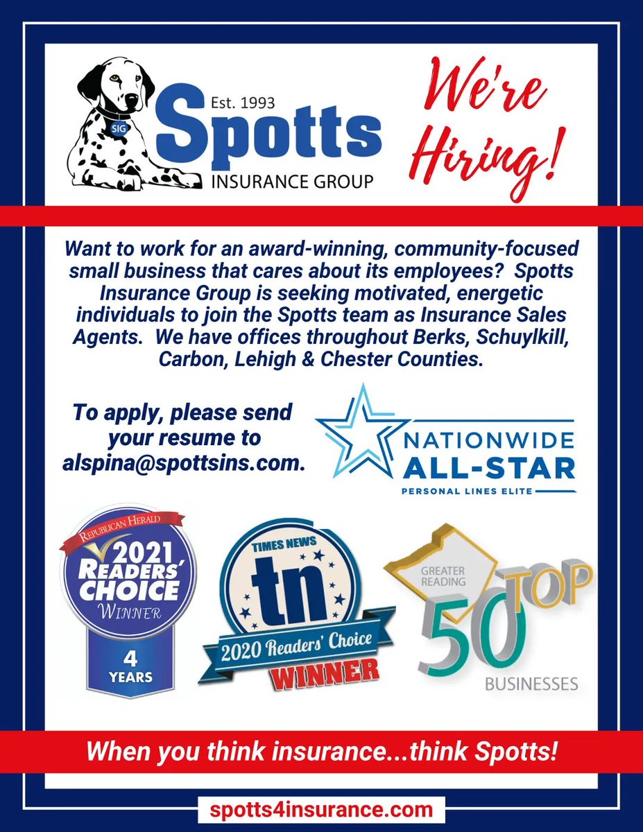 SPOTTS IS HIRING!!  Wanna join a successful, award-winning company with an outstanding team? Ask our staff and they will tell you we work hard, but we have a blast doing it! If you are looking for a full-time job with benefits,  email your resume to alspina@spottsins.com.