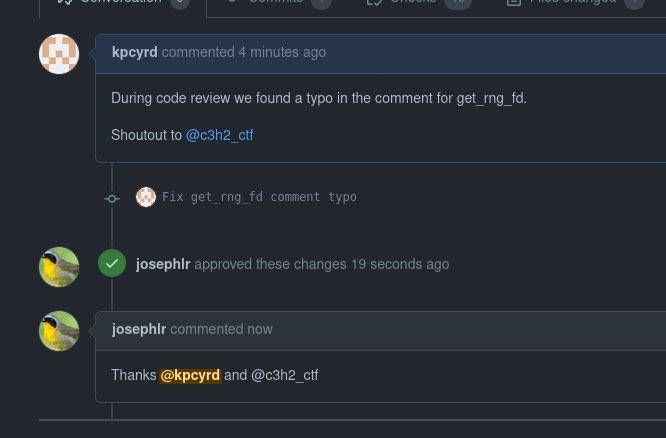 c3h2_ctf's tweet image. We started reviewing rust code today and submitted a patch for a typo in a comment in the getrandom crate. Fastest reaction so far! ⚡️