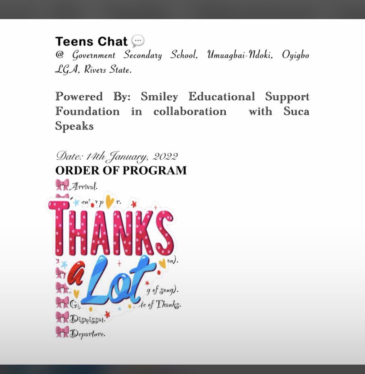 oluwatosin_timi's tweet photo. Tomorrow is upon us, we are set to go!💃🏼
It’s going to be a great time with the teens of Government Secondary School, Umuagbai-Ndoki, Oyigbo LGA Rivers state.
#teenschat
#health
#career
#smileyfoundation
#sucaspeaks https://t.co/ny8cCgvaom