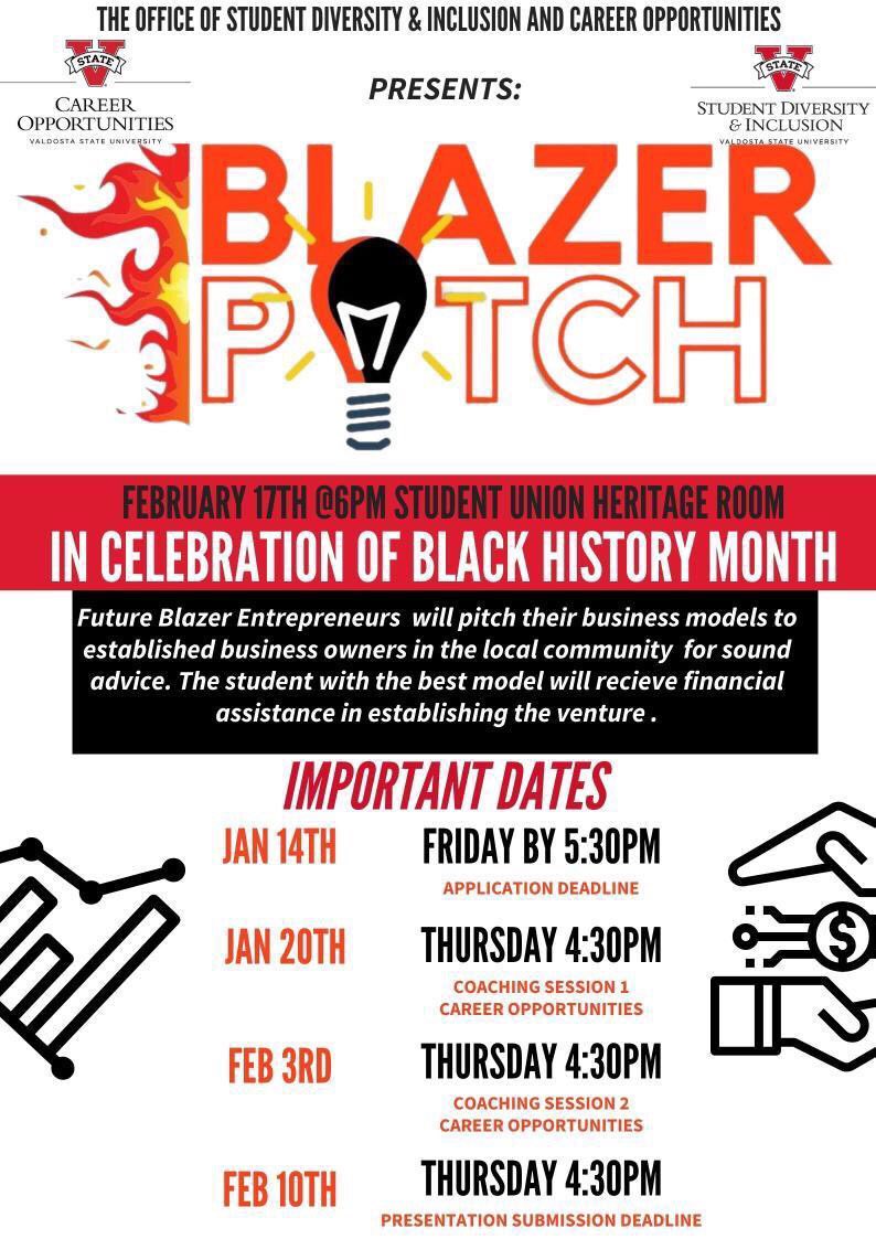 VStateCareer's tweet photo. The Office of Student Diversity &amp; Inclusion and Career Opportunities presents Blazer Pitch, in celebration of Black History Month. https://t.co/JNI6HLJRFE