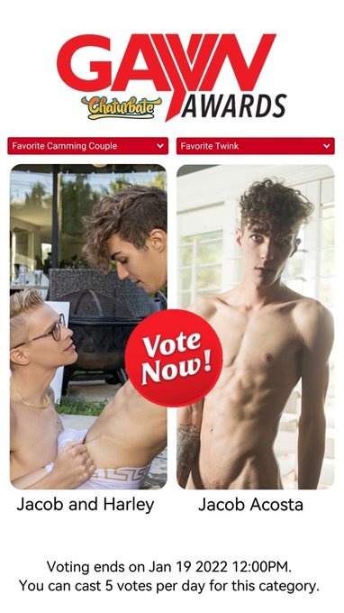 Vote for us for Favorite Camming Couple and vote for Jacob Acosta for Favorite Twink  ➡️ https://t.co/pyRiKhiMA9<a href="/tag/livenow"class="tags"><span>#livenow</span></a>