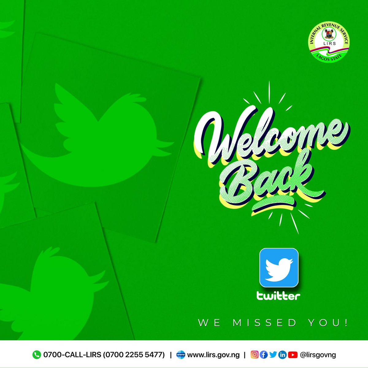lirsgovng's tweet photo. Welcome Back Fam!
We missed you, your likes, mentions, clicks, questions and most especially, your engagements in tax matters.

Happy New Year
Cheers to a Prosperous Y2022!🥂🎊🎊🍾

#WelcomeBack
#ForAGreaterLagos
#payyourtax https://t.co/fxXDH5M9C3