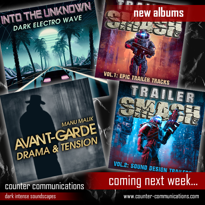 In other news: More awesome music coming to the library next week! From Electro Wave to Avant-Garde score to Epic Trailer tracks.

#countercommunications #productionmusiclibrary #productionmusic #darkintensesoundscapes #MusicForTV #musicforfilm #trailertracks #electrowave