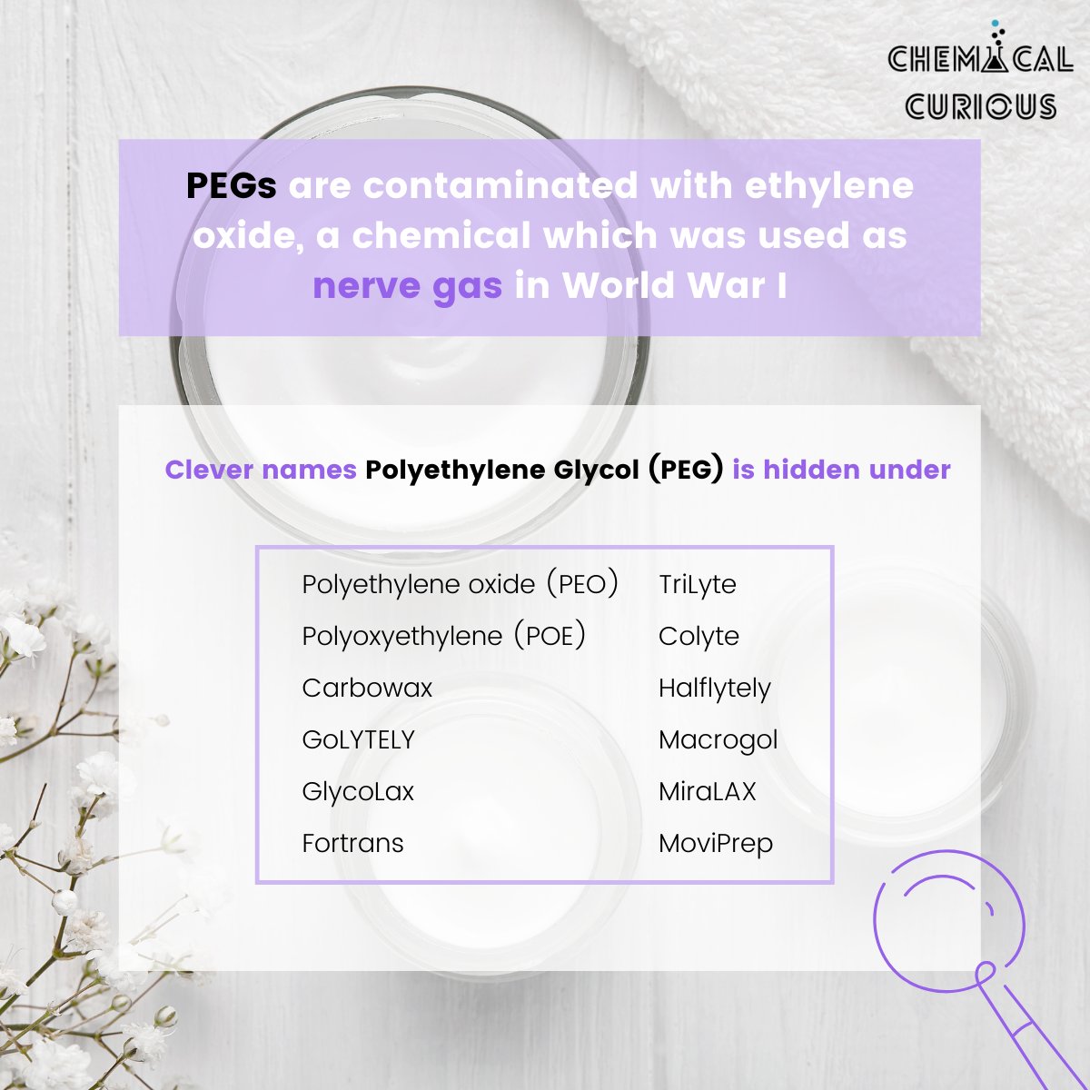 ayurvedaura's tweet photo. #PEGs are contaminated with ethylene oxide and 1,4-dioxane, which are classified as known human #carcinogens by IARC.

Long-term exposure can cause serious health consequences ☠️

#TRADESECRET👇
https://t.co/CZ8SMF6bbe

#chemicalcurious #readthelabels #toxic #Chemicals #health https://t.co/tXV8tQBHhf
