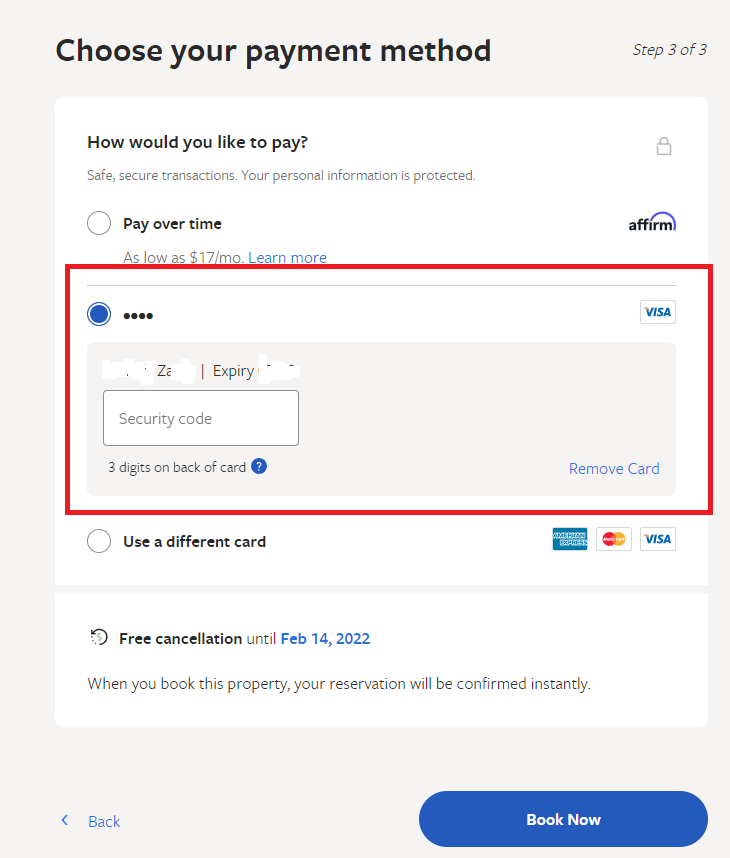 BillKZajac's tweet photo. I had someone get into my @vrbo account which is linked to my @Google personal ID (2FA) and book a reservation using a CC that was canceled before the booking occurred. #VRBO support claims they do not save CC's on accounts but this screen is showing up when I try to book https://t.co/D4vwjIXykh