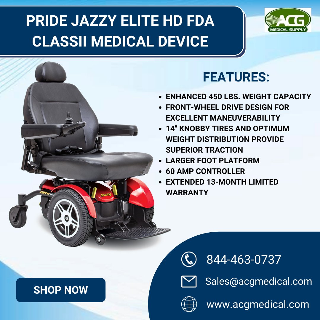 ACGMedicalsupp's tweet photo. Pride Jazzy Elite HD FDA CLASSII MEDICAL DEVICE

The Jazzy® Elite HD features two-motor, front-wheel drive technology and heavy-duty construction.  FDA CLASS II MEDICAL DEVICE DESIGNED TO AID INDIVIDUALS WITH MOBILITY IMPAIRMENTS.

Shop Now: https://t.co/GY6cizcnqV

#acgmedical https://t.co/ikZs4d7t9d
