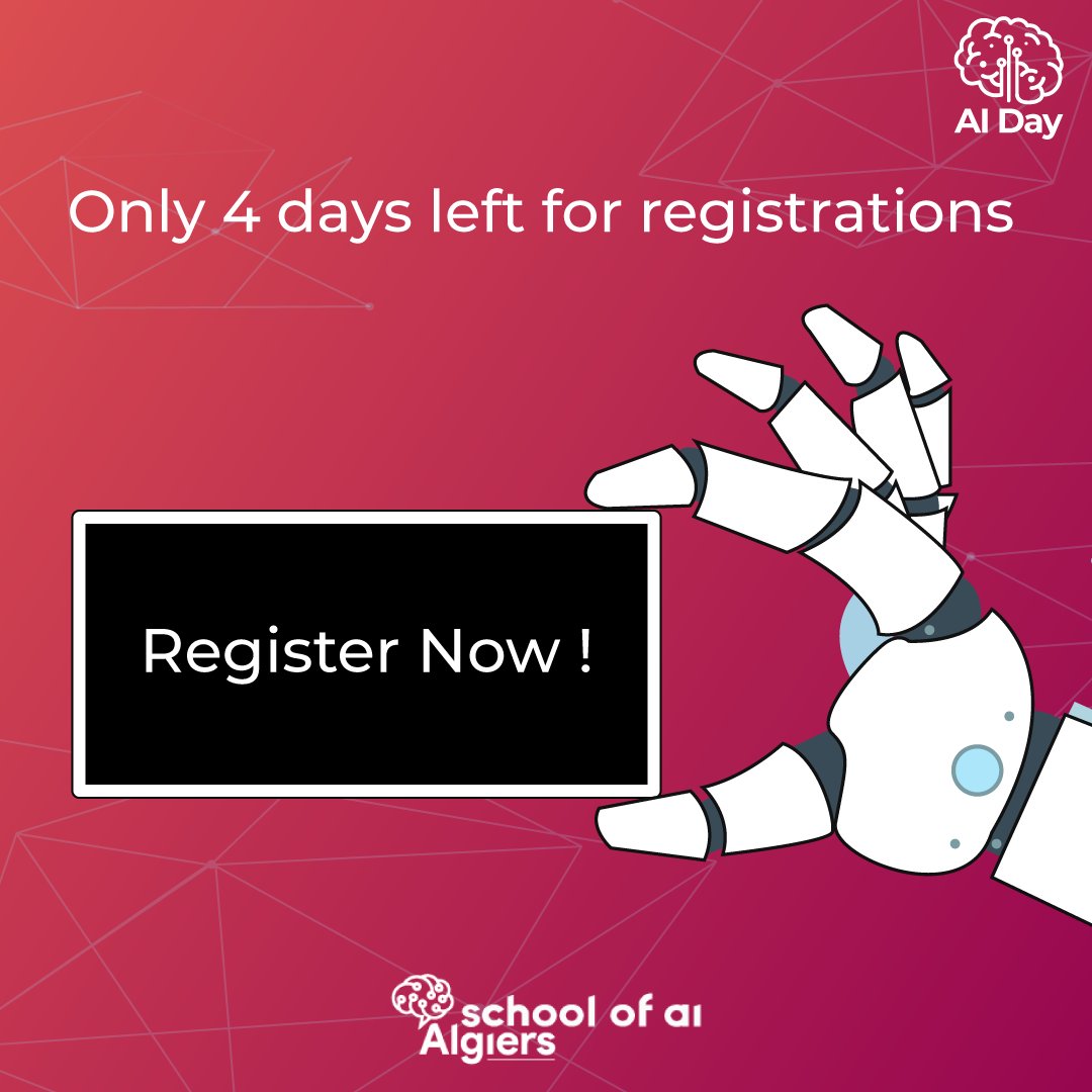 SoAIAlgiers's tweet photo. Hello wizard๐งโ!
This is a friendly reminder that there are only 4 days left before the registrations to AI Day will be closed. So if you have not registered yet, consider registering today.
We look forward to seeing you! Stay tuned
#AIDay #ai #schoolofai #Registrations https://t.co/fZUTwn8NYu