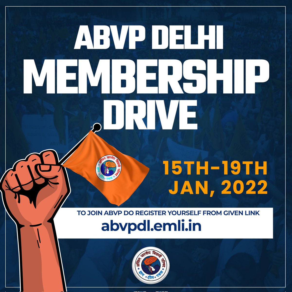 ABVPDelhi's tweet photo. Akhil Bhartiya Vidhyarthi Parishad is organising its membership drive from 15-19 January. All the students studying in Delhi are requested to come forward to join ABVP and contribute towards character building along with nation rebuilding.

#JoinABVP #HumABVPhain https://t.co/mJo5iw6oDd