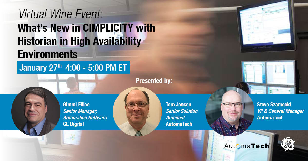 AutomaTech_Inc's tweet photo. Join our virtual Sommelier-led event on 1/27 for a discussion on how to improve your profitability and productivity by integrating CIMPLICITY with Historian and take your operations to the next level with real-time data for enhanced decision making. https://t.co/1Y1QI5wvNi https://t.co/bZ8Bcw2BYq