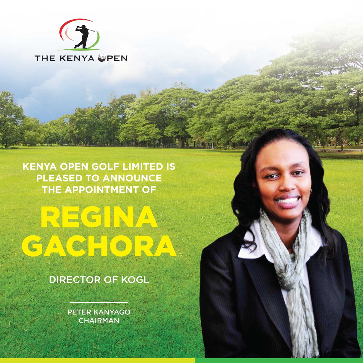 KenyaOpenGolf's tweet photo. We are pleased to announce the appointment of @reginagachora to the #KOGL board. Karibu. https://t.co/cvP4HuxcZr