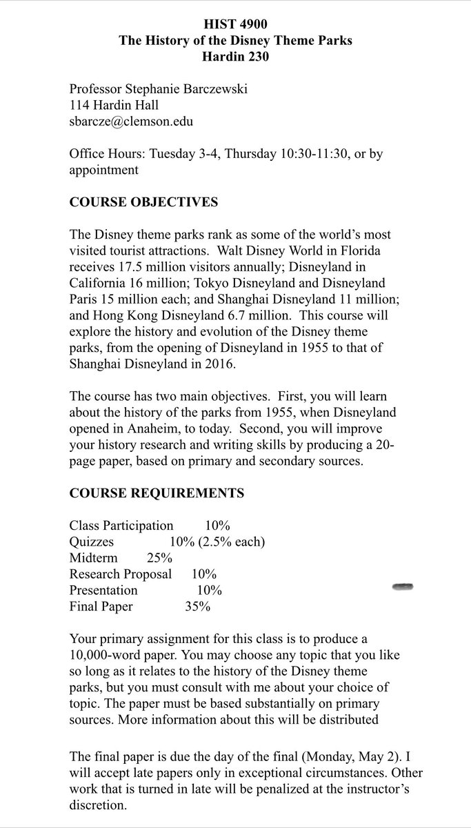 jefflipack's tweet photo. So awhile back, I mentioned that my daughter is taking a class on Disney Parks this semester at @ClemsonUniv. Today is her first day of class. I’ve attached photos from the syllabus. She has to write a 10,000 word paper!!! 🤯🤯🤯 Let’s wish @alexisthomthom luck!!! https://t.co/BsOoL3kKLl