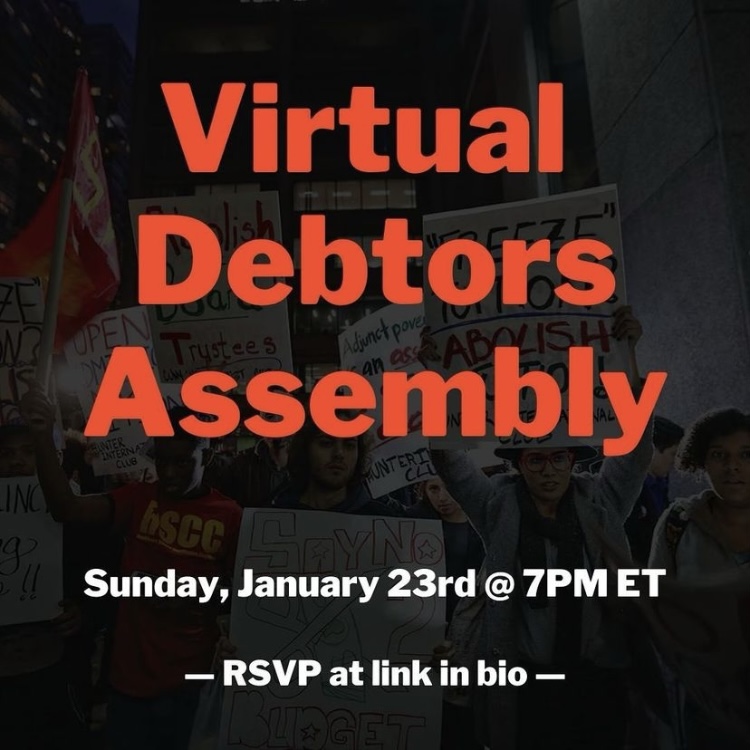 Thanks to the crucial work of organizers and unions like <a href="/StrikeDebt/">The Debt Collective 🟥</a>, student loan payments are paused until May 1st. Tune in to their Virtual Debtors Assembly on 1/23 (link in their bio) to learn about The Debt Collective’s strategy to #cancelstudentdebt. #studentloans