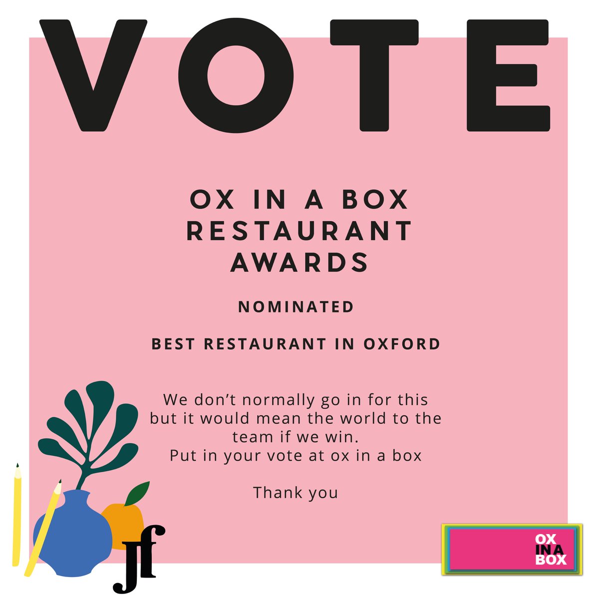 Vote for us!  We have been nominated in Ox in Box's Best Restaurant awards! - Vote for us in the link below surveyhero.com/c/xyx7e7cu