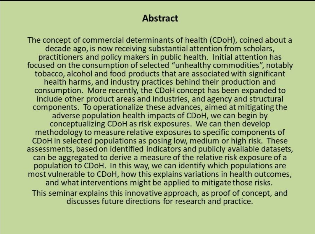 Invitation for the next Centre of Health and Society Seminar:
Innovation in Measuring the Commercial Determinants of Health
🕔January 20th 5-6 pm (GMT)
📢Speaker: Prof Kelley Lee
Register here: bit.ly/3I5OUTp
<a href="/profplum8/">Kelley Lee</a>