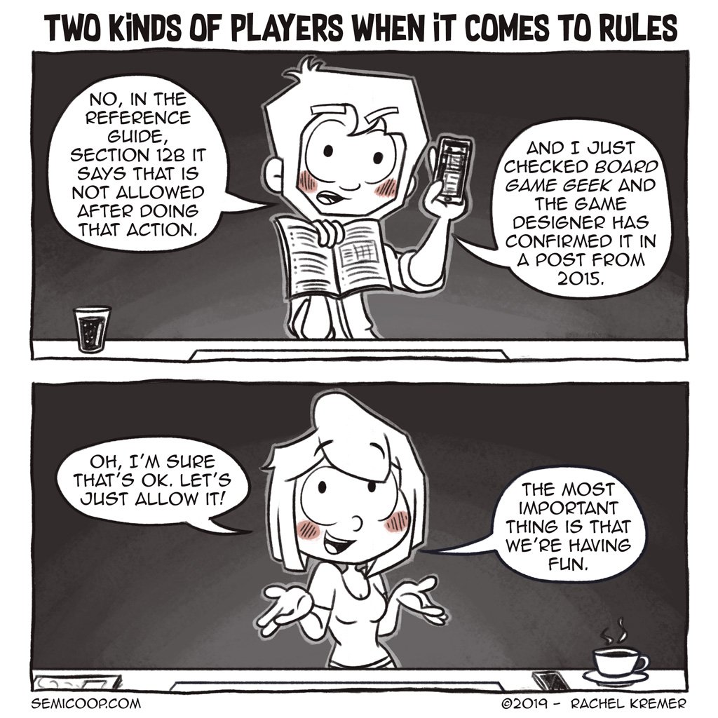 semicoop's tweet photo. #TBT - Are you very strict if it comes to rules or do you not mind loosening up sometimes? 😇

For more comics about board games, check out https://t.co/ooCP7n8HzU #webcomic #tabletop #boardgames https://t.co/HAFr3e7aQS
