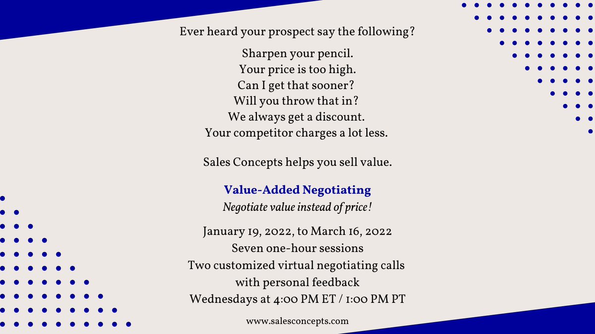 SalesConcepts's tweet photo. Improve margins by selling value-driven solutions, not price-driven solutions. Join us! https://t.co/RD0H2kAci5 https://t.co/gL1TIRiZbY