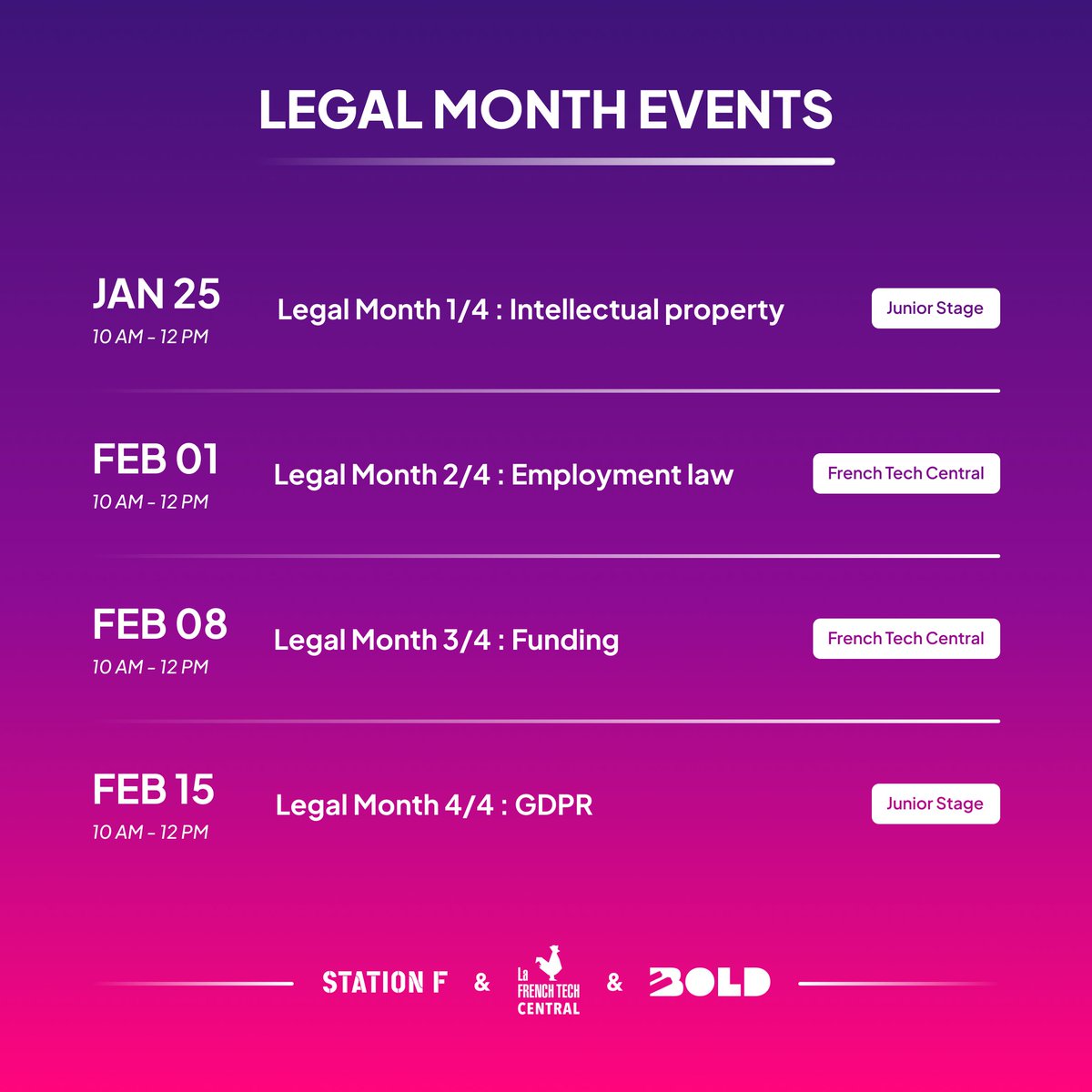 STATION F (@joinstationf) on Twitter photo You’re a startup and you’re facing legal issues? #LegalMonth is almost here to help you ⚖️
STATION F, <a href="/FrenchTechCtral/">French Tech Central</a> & <a href="/weare_bold/">WE ARE BOLD</a> prepared 4 events to help you!
Register here for the first event on January 25 👇
lyyti.fi/reg/legal_mont…
Discover the full program 👀 You’re a startup and you’re facing legal issues? #LegalMonth is almost here to help you ⚖️
STATION F, <a href="/FrenchTechCtral/">French Tech Central</a> & <a href="/weare_bold/">WE ARE BOLD</a> prepared 4 events to help you!
Register here for the first event on January 25 👇
lyyti.fi/reg/legal_mont…
Discover the full program 👀