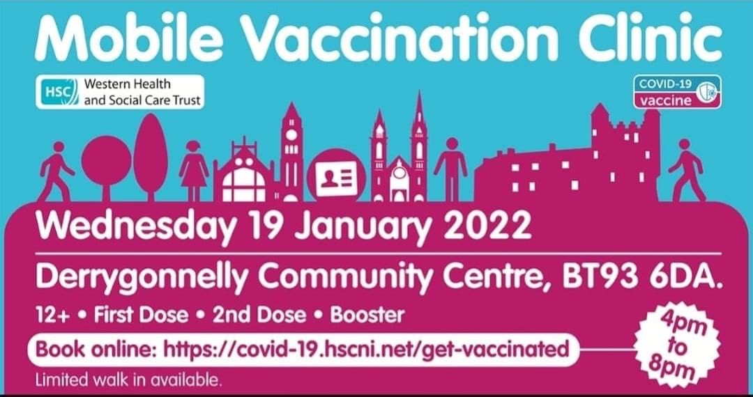 FermanaghRCN's tweet photo. Mobile vaccinations 19 Jan Derrygonnelly Community Centre @WesternHSCTrust @publichealthni @fermanaghomagh @DgonnellyHarps https://t.co/hvIEL97IIO