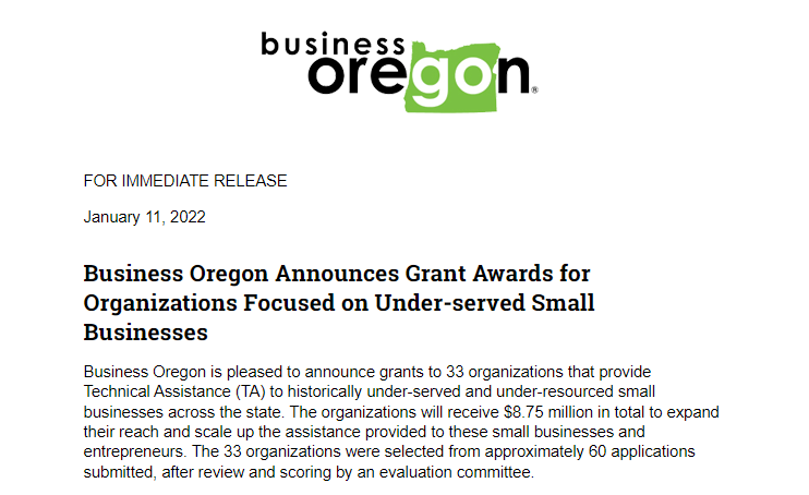 1/ Announcing grants to 33 organizations that provide Technical Assistance to under-served and under-resourced small businesses across the state. These orgs will see $8.75 million in total to expand reach and scale up services.  

development.oregon4biz.com/acton/rif/1478…
