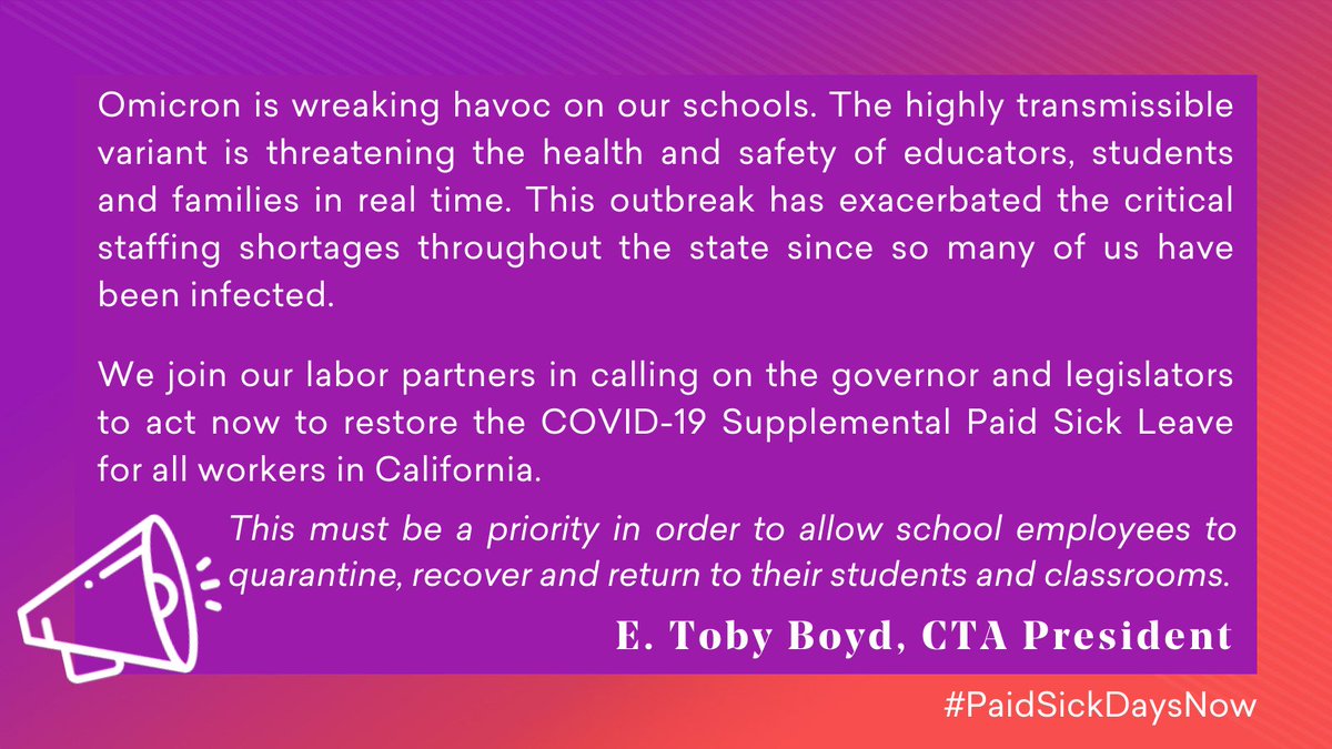 With #Omicron surging &amp; #COVID cases at record highs, we MUST bring back COVID paid sick leave for educators who've been exposed. We can't put them in the position of going w/o pay or threatening the health of colleagues, students, &amp; communities. #PaidSickDaysNOW #WeAreCTA