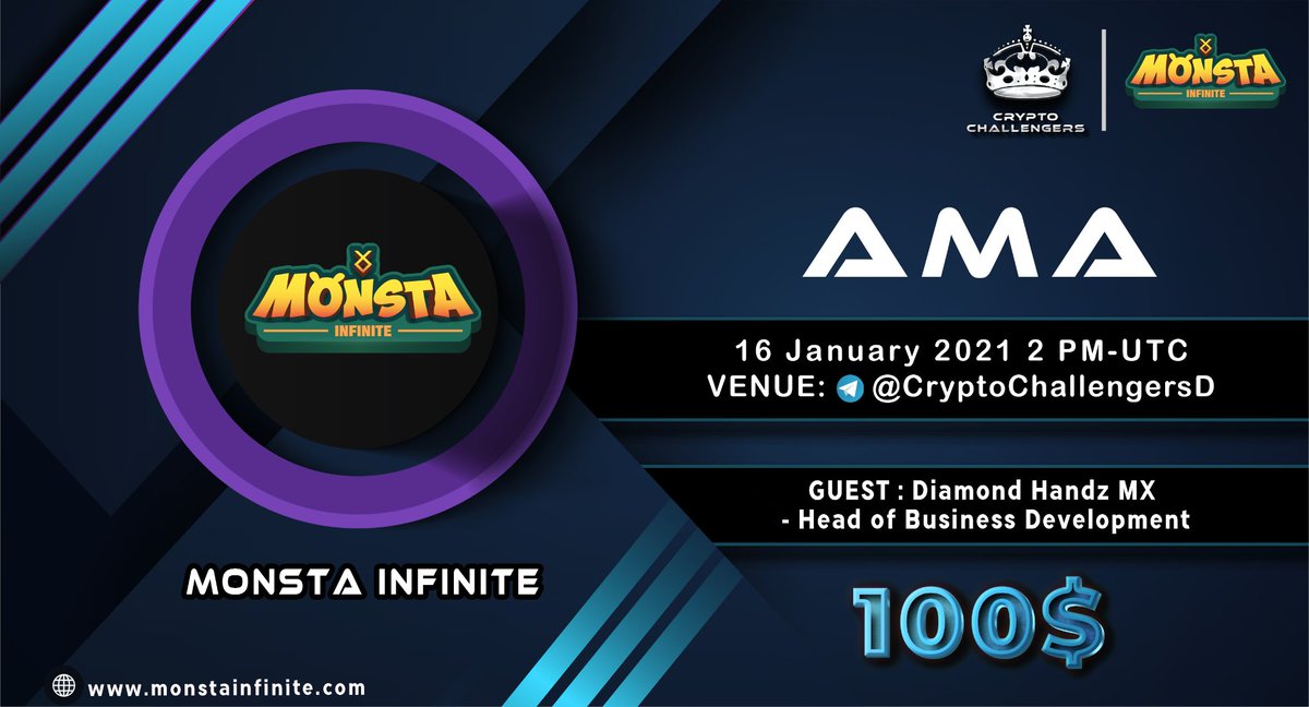 CRYPTO CHALLENGERS (@c_challengers) on Twitter photo CryptoChallengers Announced #AMA With MONSTA INFINITE on 16TH JANUARY 2022
| 2 PM UTC |
VENUE
t.me/CryptoChalleng…
REWARDS : 100$
RULES
1. Follow in Twitter :-
<a href="/C_Challengers/">CRYPTO CHALLENGERS</a>
<a href="/Monsta_Infinite/">Monsta Infinite</a>
2. Like and retweet
3. Comment Question by Tagging 3 Friends(max4questions) CryptoChallengers Announced #AMA With MONSTA INFINITE on 16TH JANUARY 2022
| 2 PM UTC |
VENUE
t.me/CryptoChalleng…
REWARDS : 100$
RULES
1. Follow in Twitter :-
<a href="/C_Challengers/">CRYPTO CHALLENGERS</a>
<a href="/Monsta_Infinite/">Monsta Infinite</a>
2. Like and retweet
3. Comment Question by Tagging 3 Friends(max4questions)