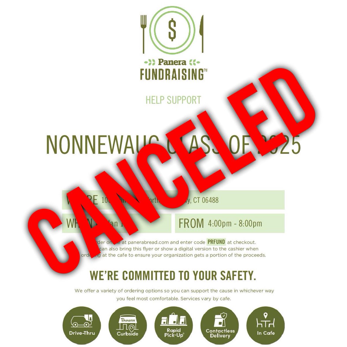 Panera will be closing early tomorrow evening, so the fundraising event is canceled. Keep an eye out for another date!