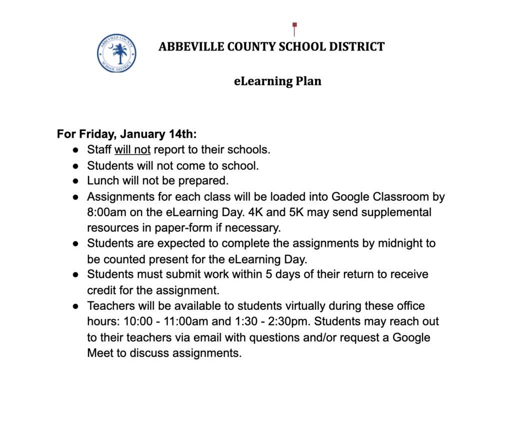 AbbevilleCo's tweet photo. Tomorrow, January 14th, will be an eLearning Day for the district.  Please carefully read the eLearning Plan document attached for the specific details.

eLearning Plan for Friday, January 14th, 2022 - https://t.co/uVWTEW0smg https://t.co/DwPPDgTBaI