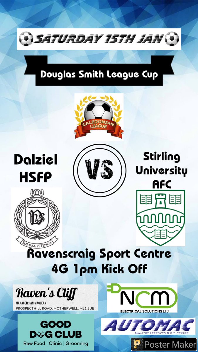 Dalziel Football (@dalzielfootball) on Twitter photo ⚽️Saturday 15th January⚽️
Home game against Stirling University AFC this weekend in the Douglas Smith League Cup 🏆 ⚽️👌💪
⚽ - <a href="/StirlingUniFC/">University of Stirling Football Club</a>
🏆 - <a href="/CaledonianAFA/">CaledonianLeague</a> League Cup
📍 - Ravenscraig 4G Pitch
📅 - 15/01/22
⏰ - 1pm KO
<a href="/Scottish_AFF/">AmateurFixturesResultsSCO</a> <a href="/ProAmFootball/">Pro-Am Football News</a> ⚽️Saturday 15th January⚽️
Home game against Stirling University AFC this weekend in the Douglas Smith League Cup 🏆 ⚽️👌💪
⚽ - <a href="/StirlingUniFC/">University of Stirling Football Club</a>
🏆 - <a href="/CaledonianAFA/">CaledonianLeague</a> League Cup
📍 - Ravenscraig 4G Pitch
📅 - 15/01/22
⏰ - 1pm KO
<a href="/Scottish_AFF/">AmateurFixturesResultsSCO</a> <a href="/ProAmFootball/">Pro-Am Football News</a>
