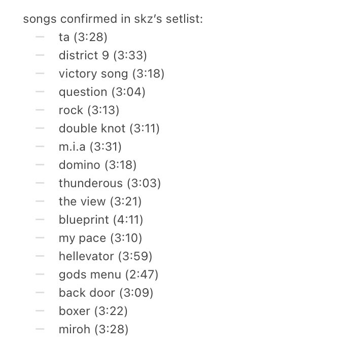 hwangsamericano's tweet photo. full list of stray kids songs played during riyadh festival’s rehearsal! the entire setlist is 57 min 14 seconds long https://t.co/SFmOR31863
