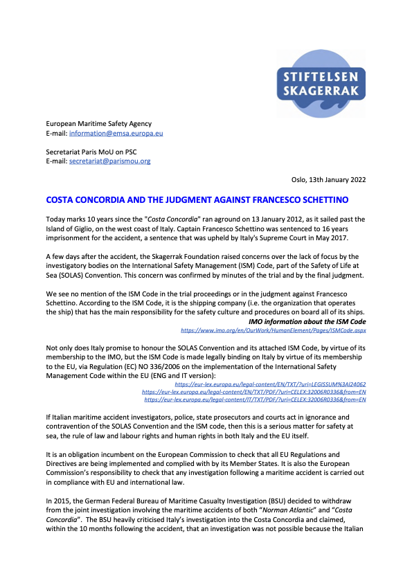 craiglaverick's tweet photo. Tonight marks 10 years since the infamous Costa Concordia disaster. It therefore seemed fitting that the Skagerrak Foundation, which I support, send this letter to the European Maritime Safety Agency (@EMSA_LISBON), the Paris MoU (@ParisMoU_PSC) and other maritime organisations. https://t.co/TJJVICTfmj