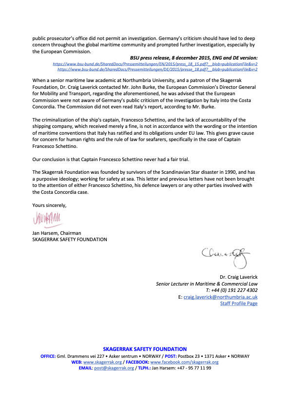 craiglaverick's tweet photo. Tonight marks 10 years since the infamous Costa Concordia disaster. It therefore seemed fitting that the Skagerrak Foundation, which I support, send this letter to the European Maritime Safety Agency (@EMSA_LISBON), the Paris MoU (@ParisMoU_PSC) and other maritime organisations. https://t.co/TJJVICTfmj