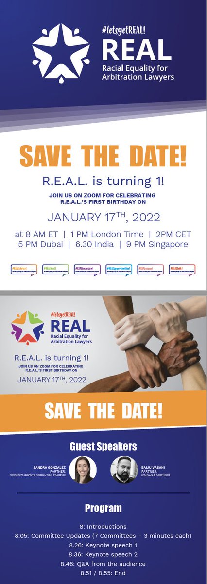 AW is pleased to support "The <a href="/r_equality/">R.E.A.L. - Racial Equality for Arbitration Lawyers</a>: One-Year Celebration" on 17 Jan 2022 at 8am ET | 14h CET.

AW members Rekha Rangachari, <a href="/BaltagCrina/">Crina Baltag</a>, Federica Bocci, Camilla Gambarini, Sandra González Vila &amp; Ana Sofia Pirnia will speak.

Register here: lnkd.in/eZmuqBW8