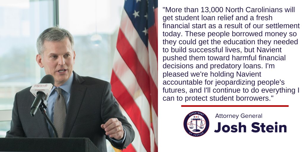 NCAGO's tweet photo. BREAKING: Attorney General @JoshStein_ today announced that Navient, one of the nation’s largest student loan servicers, will pay $3,259,086 in restitution to more than 12,000 federal loan borrowers in North Carolina. Read more: https://t.co/Odf0vlauU3 https://t.co/I8fjFmrYXW