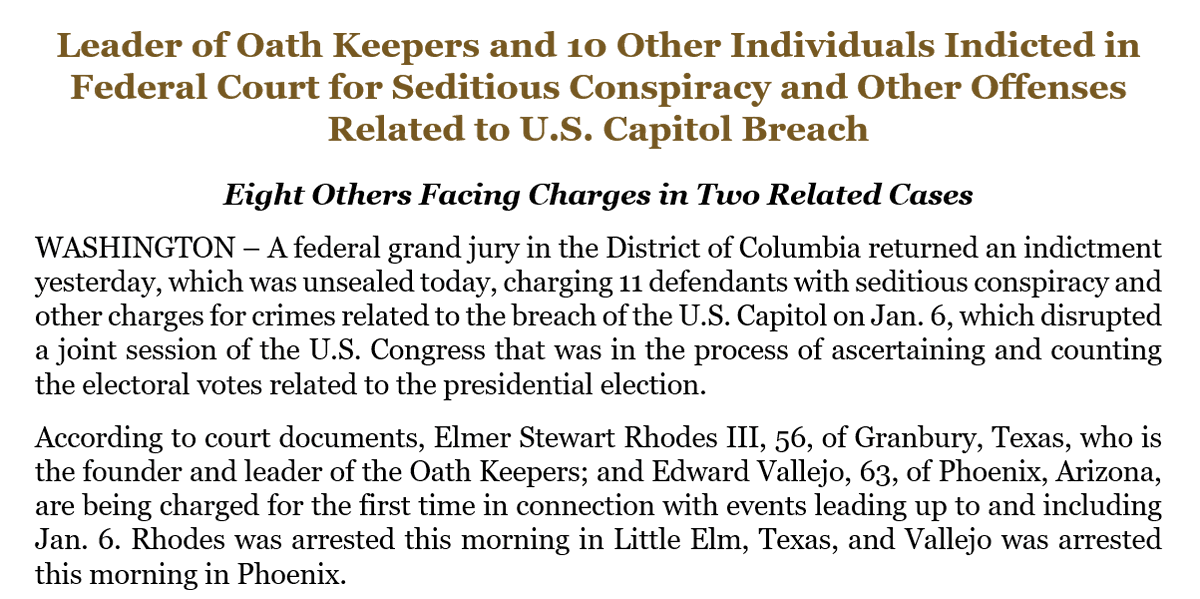The Justice Department says a grand jury has indicted Oath Keepers leader Stewart Rhodes and 10 others on a charge of seditious conspiracy related to the Jan. 6 siege.