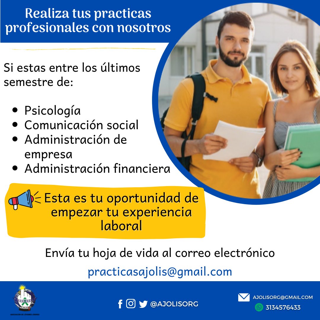 ajolisorg's tweet photo. La organización @ajolisorg abre sus puertas para que puedas realizar tu práctica profesional en el marco de nuestros programas “El deporte como Instrumento de Paz” y “Ubuntu Proyecto Educativo” y sus respectivos proyectos.
#AJOLIS #TransformandoRealidades https://t.co/52L1HZ15jB