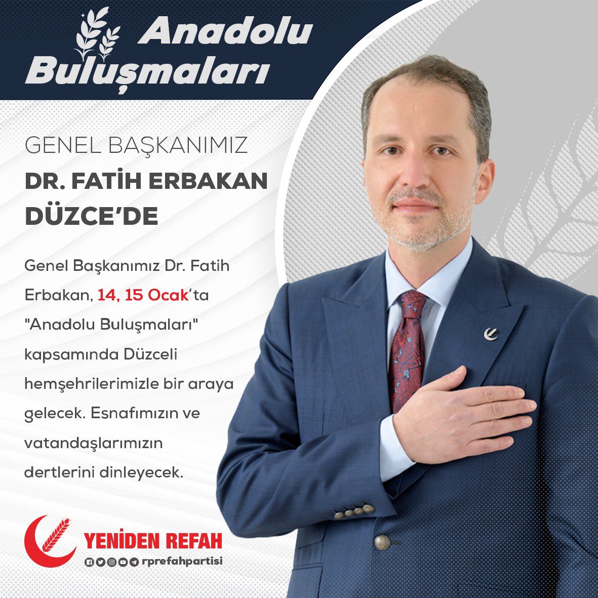 Anadolu Buluşmaları” programlarımız kapsamında yarın ve cumartesi Düzce ve ilçelerinde olacağız. Düzce programımız Cumayeri Camii’nde cuma namazı ile başlayıp, Cumayeri, Gümüşova ve Çilimli’de esnaf ziyareti ve halkla buluşma ile devam edecek inşallah.