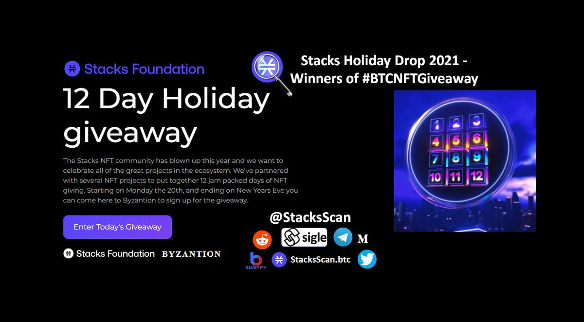 StacksScan's tweet image. 📢Winners of #BTCNFTGiveaway - @Stacks Holiday Drop 2021🤟

280 #Bitcoin #NFTs were distributed to 263 #STX wallets. We thank 28 #Stacks #NFT projects for #giveaway🙏

Check if you got lucky👉bit.ly/3KkejuO

Tag our friends, help spread the word🙌

#StacksScan #4