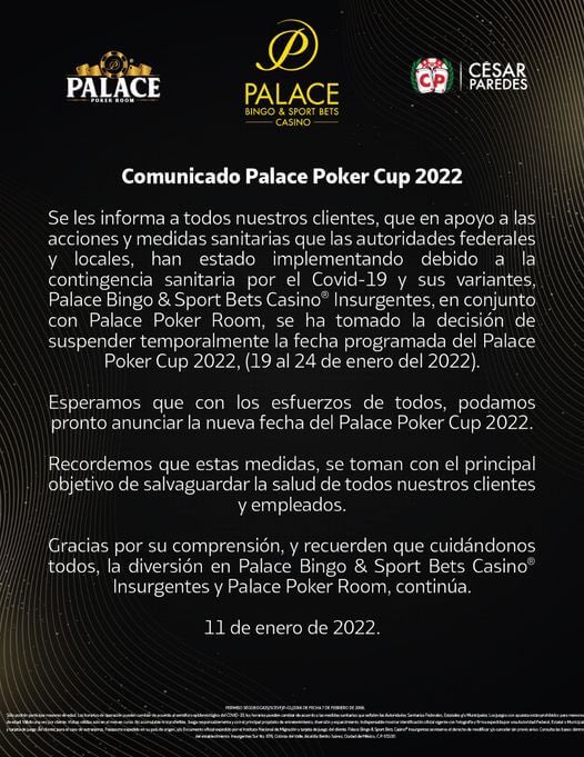 VIPGrindersEs's tweet image. El Palace Poker Cup queda suspendido hasta nuevo aviso 🇲🇽

#vipgrinderses #vipgrinders #noticia #poker #Mexico #CiudadDeMexico #CDMX #13Ene #13Enero