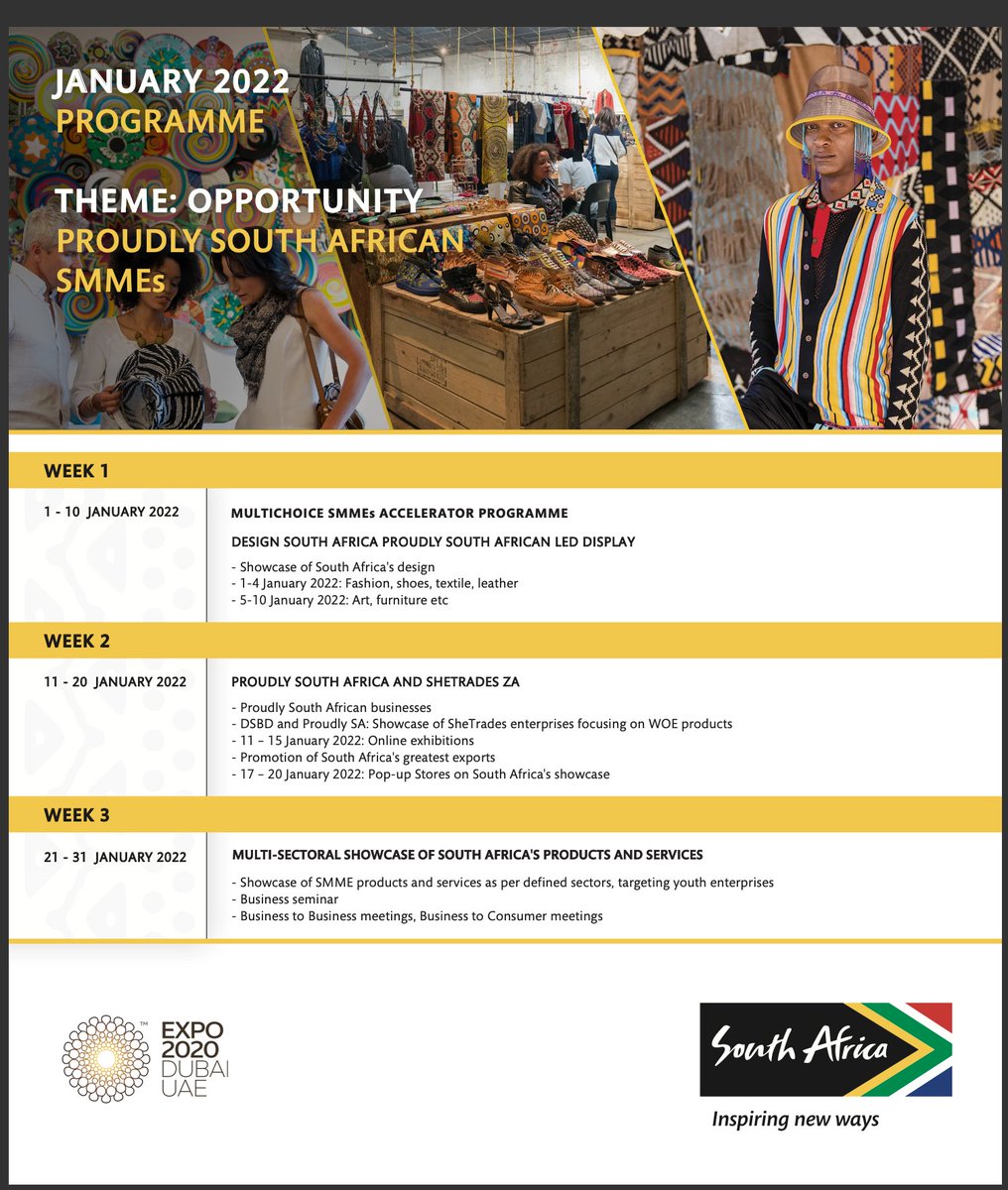 The month of January is all about Proudly South African manufacturing excellence. Click on the link to download the programme: 
southafricaexpo2020.co.za/programme/

#ThinkOpportunity #Expo2020SA
