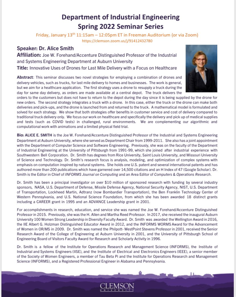 ClemsonIE's tweet photo. Clemson IE is happy to host Dr. Alice Smith as she shares her research via our department seminar series! See the flyer for more details.

Friday, January 13th, 11:15-12:05 ET

Please join us in the Freeman Auditorium or via Zoom (link available in flyer). https://t.co/A82I3Nxyn3