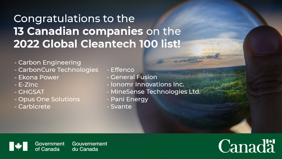 NRCan's tweet image. We’re pleased to share that 13 Canadian companies made the #Cleantech100 list of companies that are recognized as most likely to make a market impact over the next decade by @cleantechgroup.

canada.ca/en/natural-res…