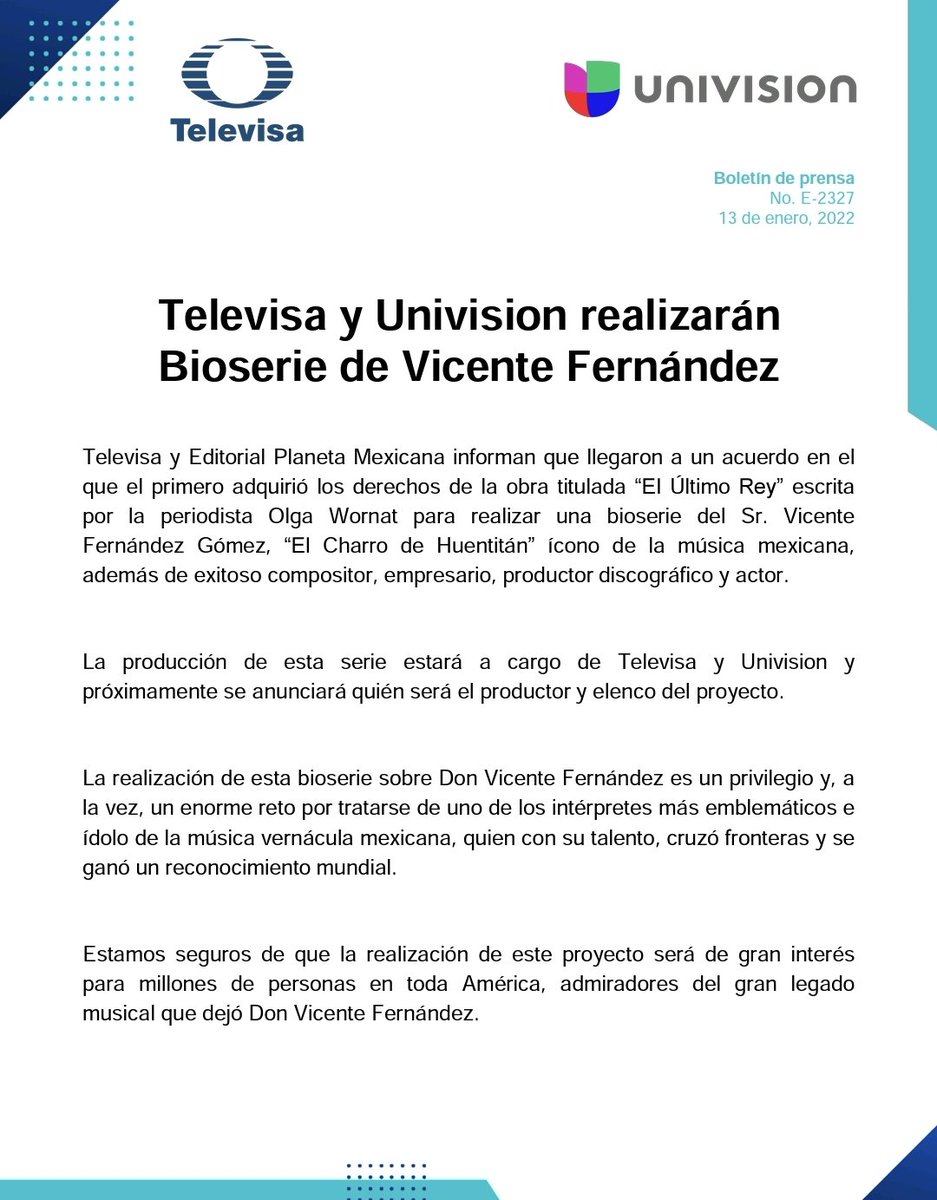 TUPrensa's tweet photo. .@Televisa y @Univision realizarán bioserie de Vicente Fernández 
https://t.co/L9Id2zC9EX https://t.co/DLv4OUpBuV