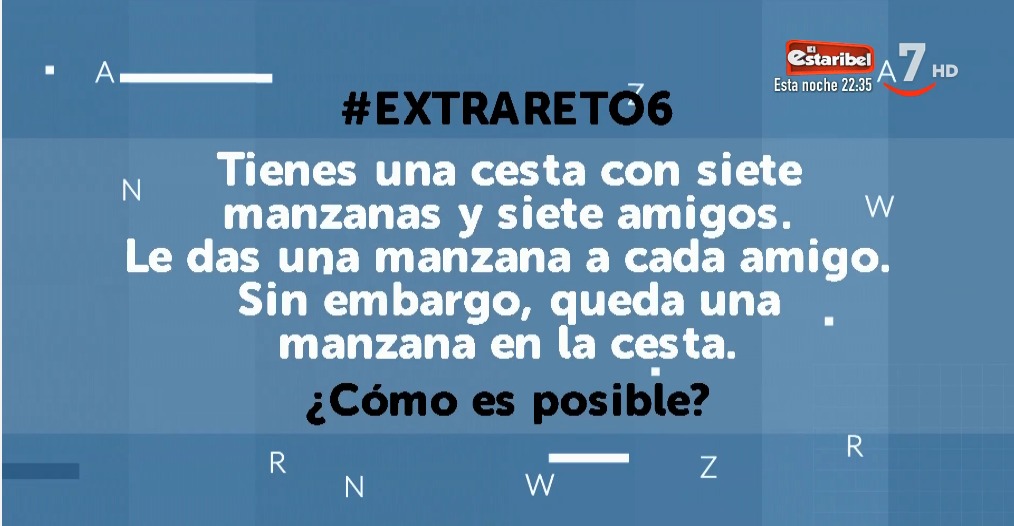 profesor10mates's tweet image. #RetoExtra de la semana en @cyltv
Tienes una cesta con siete manzanas y siete amigos , le das una manzana a cada amigo y sin embargo queda una manzana en la cesta , ¿ Cómo es posible ?
