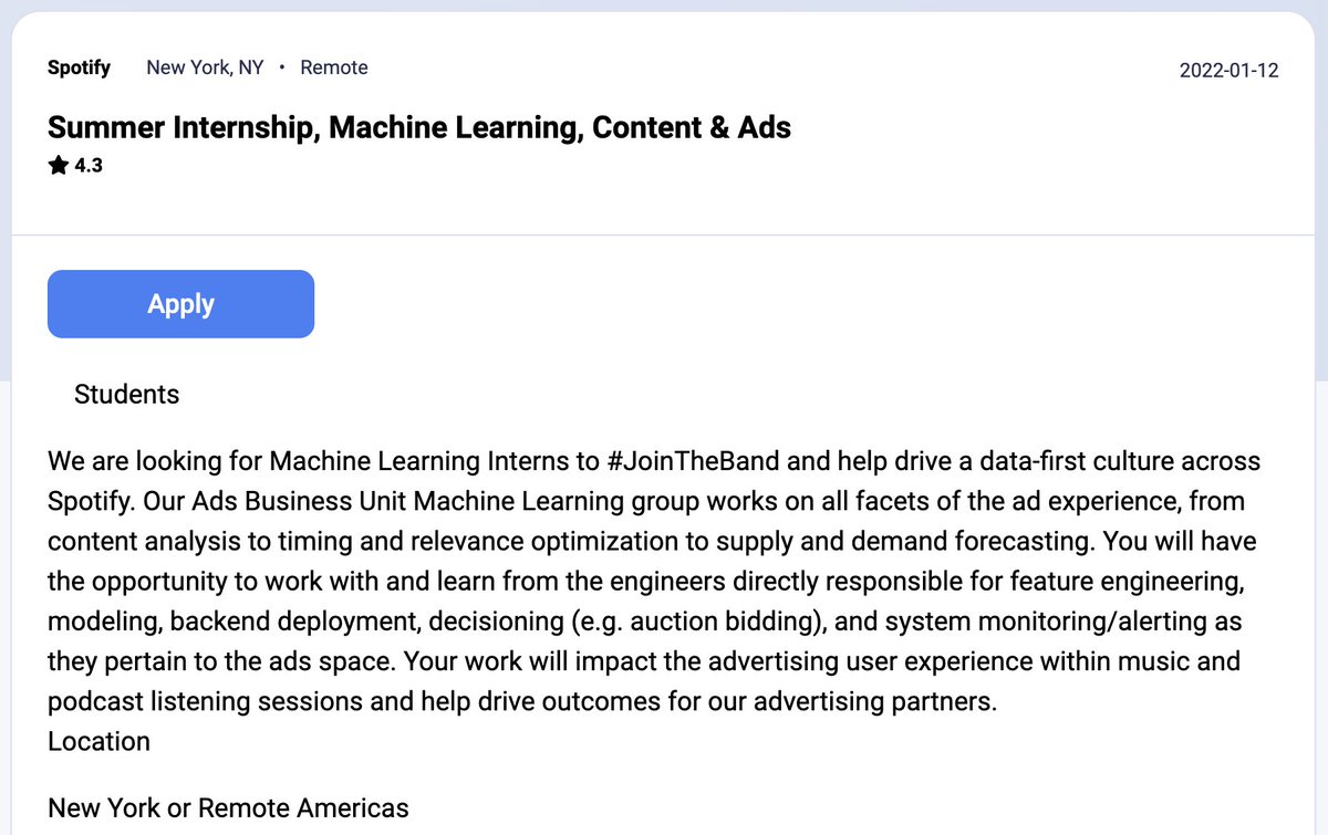 dayrows's tweet image. Summer Internship, Machine Learning, Content &amp;amp; Ads
Spotify

dayrows.com/vacancy/4237

#dayrows #internship #remoteinternship #SpotifyInternship #Spotify #remotejobs