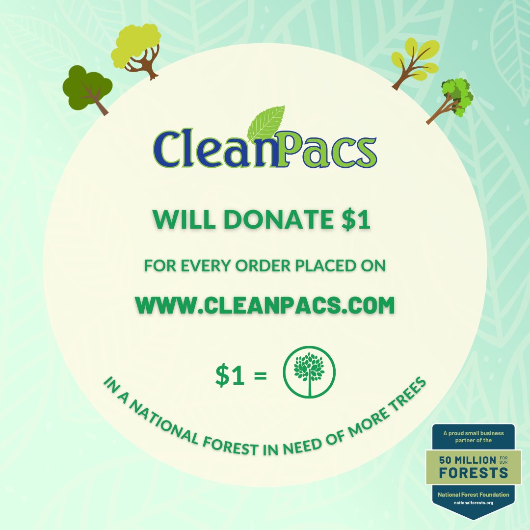 CleanPacs's tweet photo. This January, CleanPacs is donating $1 for every order placed on https://t.co/ohM8QzYFqT to the National Forest Foundation. That means your purchase helps plant more trees. 🌳 https://t.co/OPtWdVBRqy