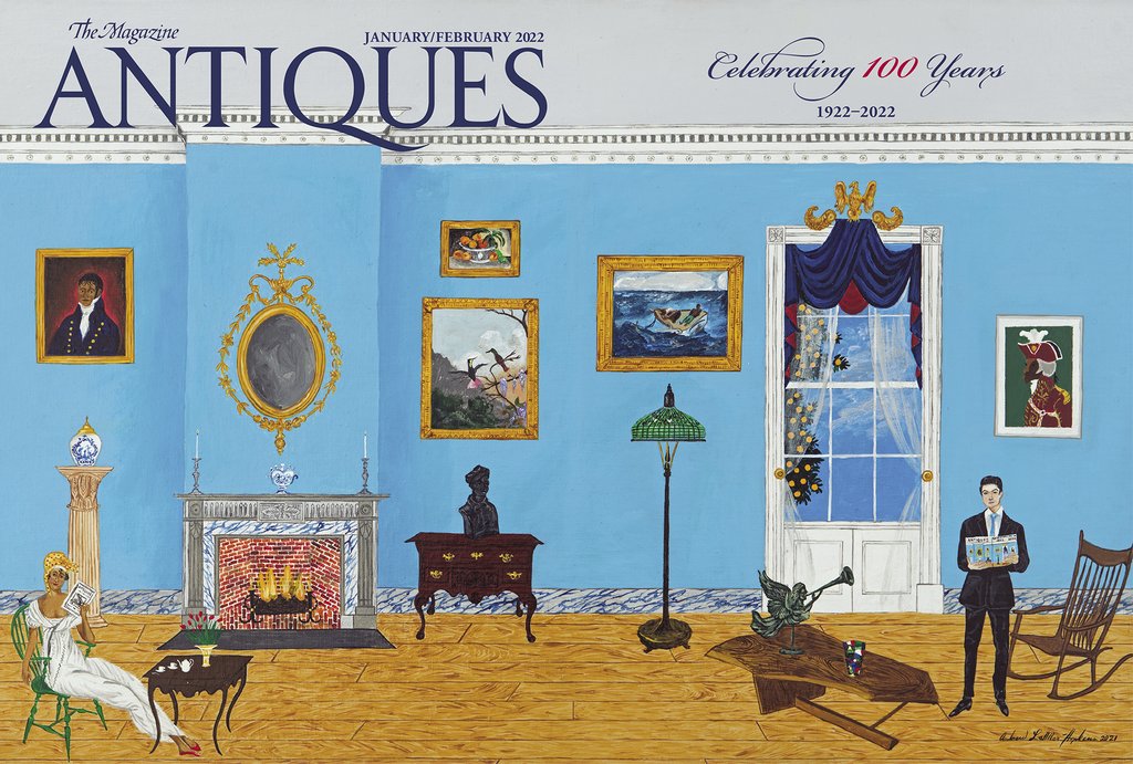 AntiquesMag's tweet photo. This is the 100th year since the founding of The Magazine ANTIQUES. We are thrilled to reveal our centennial cover, painted by Andrew LaMar Hopkins. Hopkins has cleverly embedded a treasure trove of antiques within his painting. Let us know what you can spot in the comments! https://t.co/X5v29uDHwO