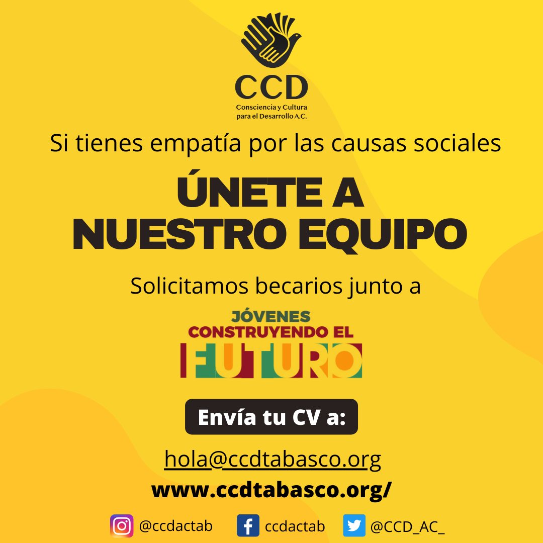 CCD_AC_'s tweet photo. ¡Ayúdanos compartiendo para llegar a la persona indicada! 🙏
Si tienes muchas ganas de trabajar y empatía por la causas sociales…
#OSC #CCDAC #CCDACTAB #JCEF #Villahermosa #Tabasco https://t.co/HNeu9sR6pA